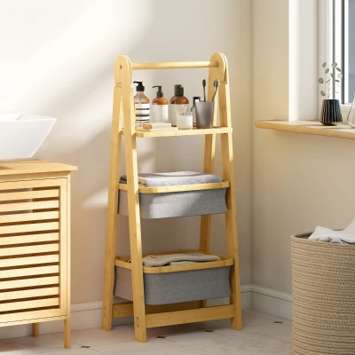 HOMCOM Estante Dobrável para Casa de Banho de Bambu com 2 Cestos para Roupa Suja Estante Aberto 44,5x32x99 cm Cinzento