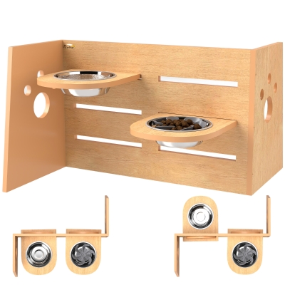 PawHut Suport pentru boluri pentru câini ridicat cu 3 înălțimi ajustabile, boluri pentru câini 2 boluri oțel inoxidabil 63 x 58,5 x 40 cm stejar