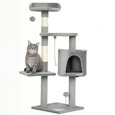 PawHut Copac de pisici multifuncțional zgârie zgâriețuri platforme adăpost sfoară jucării 40 x 40 x 114 cm gri