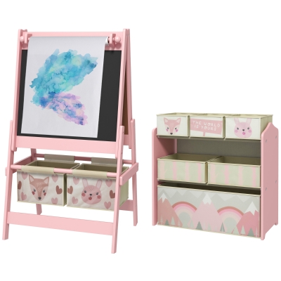 Tableau Chevalet Double-Face avec Rangement 6 Boîtes Rose