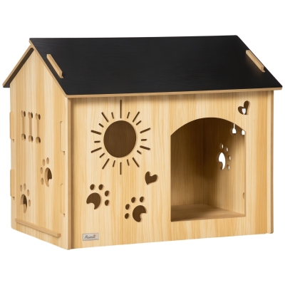 PawHut Hundehütte, cu deschideri pentru ventilare, rezistent la intemperii, din material lemnos, Negru+Culoare lemn, 69 x 50 x 58,5 cm