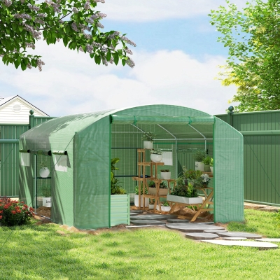 Outsunny Invernadero de Túnel 4x3x2 m con 6 Ventanas 3 Puertas Enrollables Cubierta de PE y Estructura de Acero Galvanizado Verde
