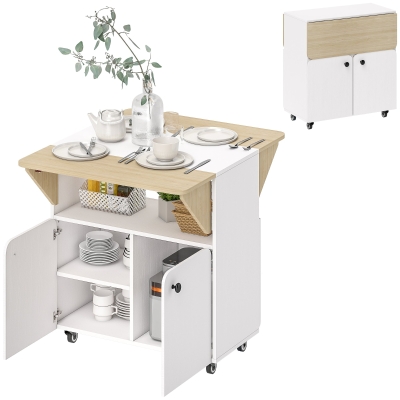 HOMCOM Masa de Dining Pliabilă cu Dulap pe Role, două părți pliabile ale mesei, Dulap, 4 Roți, Alb+Lemn natural, 70 x 83 x 75 cm
