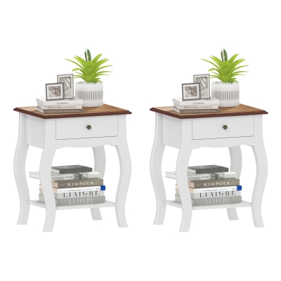 HOMCOM Set de 2 Noptiere cu Sertar Raft Deschis și Blat cu Efect de Stejar Stil Francez 45x35x55 cm Alb și Stejar