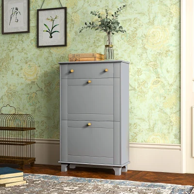 HOMCOM Mobilier Pantofar Ingust cu 2 Usi Basculante si 1 Sertar pentru 8 Perechi de Pantofi 60x23,5x98,5 cm Gri