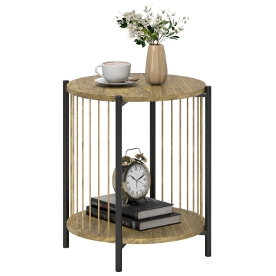 HOMCOM Masă Auxiliară Rotundă de 2 Nivele cu Raft și Structură de Oțel 43,5x43,5x51 cm Lemn Natural