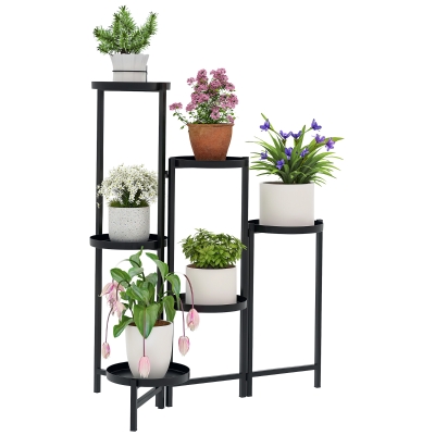 Outsunny Etajeră metalică pliabilă, 6 nivele, ajustabilă, fără șuruburi, negru, 60x40x80 cm