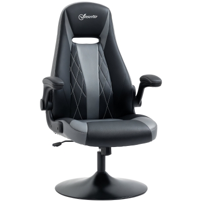 Vinsetto Scaun de gaming ergonomic cu bază rotundă din metal pivotantă 360° înălțime reglabilă pernă pentru gât brațe rabatabile PVC gri negru