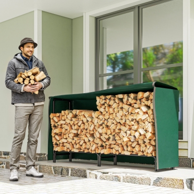 Outsunny Leñero con Cubierta Estante para Interior y Exterior Carga 200kg 200x36x99 cm Verde Oscuro y Negro