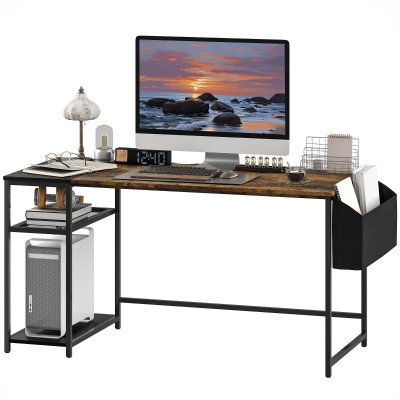 HOMCOM Birou de calculator 150 x 60 cm cu rafturi reversibile și sac din material textil, pentru spații mici, marron