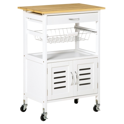 HOMCOM Carrito de Cocina cu Roti Caru cu Depozitare Multifunctional cu Suprafata de Lucru din Bambus Sertar Cos Metalic si Dulap cu 2 Usi cu Jaluzee 58x37x85,5 cm Alb