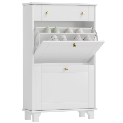 Dulap Pantofi de intrare îngust cu sertare cu uși basculante și raft ajustabil, 60 x 23,5 x 98,5 cm, alb