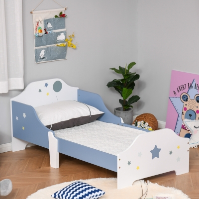 Pat copii +3 ani cu protectii laterale 143x74x59cm Albastru-Alb