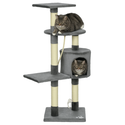 PawHut Rascador pentru Pisici Înălțime 116 cm Copac pentru Pisici cu Stâlpi de Sisal Peșteră Platforme și Jucării Gri închis