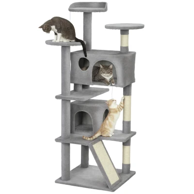 PawHut Arbore pentru pisici înălțime 138 cm, turn de joc pentru pisici cu zgârietoare, platforme, 2 cotețe, 49 x 49 x 138 cm gri deschis