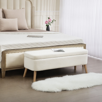 HOMCOM Opbergzithocker, zithocker met 65 L opbergruimte, voetensteun, fleece-stof, rubberhout, schuim, 120 x 42 x 45 cm, Crèmekleurig