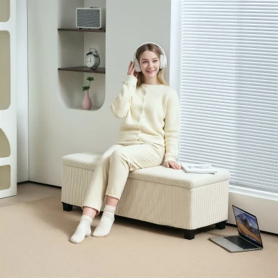 HOMCOM Banc de depozitare capăt de pat din catifea cordonată cu capac, pentru salon, dormitor, intrare, 112 x 42 x 40 cm, bej