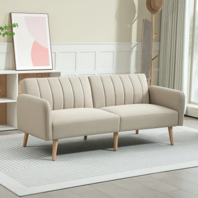 HOMCOM Canapea Extensibilă 2 Locuri Design Scandinavian Dossier Inclinabil 3 Poziții Picioare Lemn Aspect In Bej