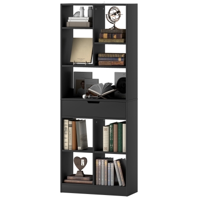 HOMCOM Modernes Bücherregal aus Holz mit zentralem Schubfach und Kippschutz-Kit, 60x26x158 cm, Schwarz