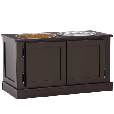 PawHut Stație de hrănire cu boluri ridicate, cu spațiu de depozitare, 60 cm x 30 cm x 34 cm, Maro + Argintiu