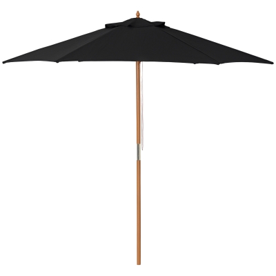 Outsunny Umbrelă de soare Ø 250 cm, umbrelă de balcon cu mecanism de tragere cu sfoară, umbrelă de plajă din bambus rezistent la vânt, umbrelă de piață pentru balcon terasă grădină, Negru