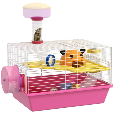 PawHut Cușcă pentru hamster șoarece rozătoare multicoloră cu platformă, biberon apă, roată, casă, 34 x 27 x 25 cm, roz