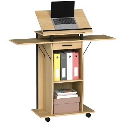 HOMCOM Suport de Podium cu Role, Pupitru cu Aripi Laterale Pliabile, Măsuță pentru Laptop cu Sertar și Rafturi, Stejar