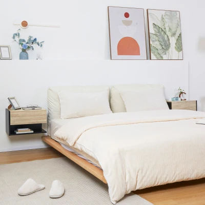 HOMCOM Set de 2 Noptiere suspendate - Set de 2 Noptiere - sertar Culisant, etajera, Bicolore Aspect stejar Negru