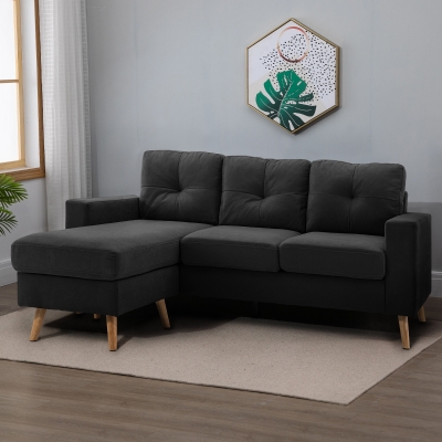HOMCOM Canapé d'angle en tissu de lin forme L design scandinave pour salon appartement petit espace 193x136x85cm noir