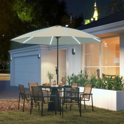 Outsunny Umbrelă Terasă Exterioară cu Lumini LED Protecție UV50+ Stâlp din Aluminiu Manivelă Acoperiș Ventilat Ø300x256 cm Crem