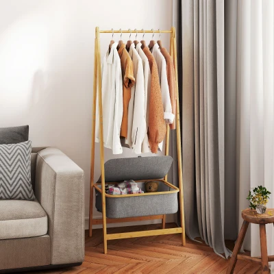 HOMCOM Suporte para Cabides de Bambu com Cesto de Tecido e Dobrável 60x44,5x157,5 cm Madeira Cinzento