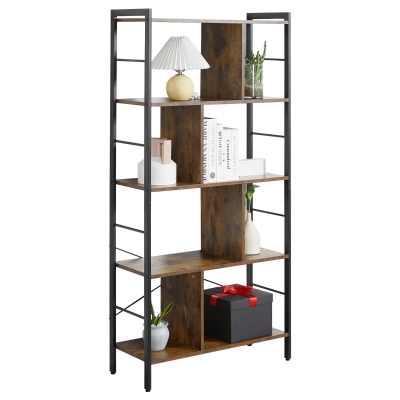 HOMCOM Bibliotecă etajeră de depozitare cu 5 nivele și compartimente deschise 74 x 30 x 157,5 cm brun rustic și negru