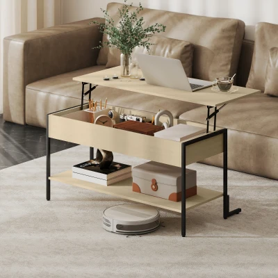 HOMCOM Masă de cafea cu blat extensibil, masă de cafea cu compartiment ascuns și raft deschis, 95x40x59cm, lemn natural