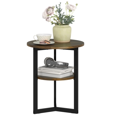 HOMCOM Masă de cafea rotundă, capăt de canapea industrial cu rafturi de depozitare și cadru din oțel, Ø 40 x 48 cm, maro