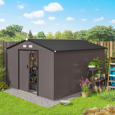 Outsunny Abri de Jardin Acier Marron 322x277x192 cm 2 Portes Coulissantes