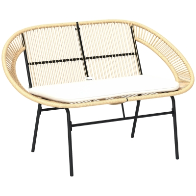 Outsunny Banc de grădină 2 locuri, banc exterior grădină din oțel, stil Acapulco, cu spătar și pernă, 126 x 72 x 83 cm, kaki