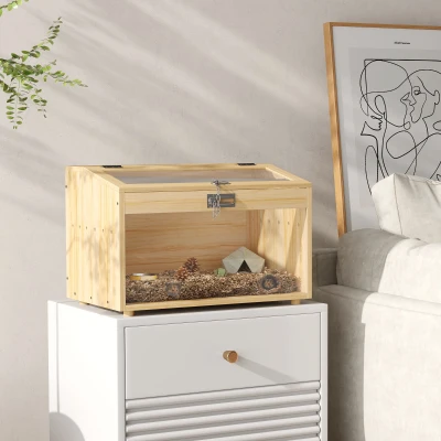 PawHut Cușcă pentru hamster din lemn, cu capac deschis, fereastră din acrilic 55 x 35 x 35 cm, efect lemn natural