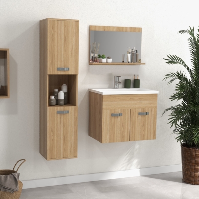 kleankin Conjunto de Muebles de Baño de Pared 3 Piezas Incluye Espejo Armario con Lavabo Cerámico y Columna de Baño Natural