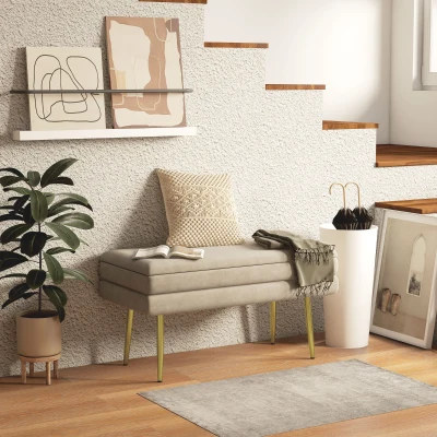 HOMCOM Bancă bancută cu spațiu de depozitare 2 în 1, șezut cu aspect de catifea și picioare din oțel - 79,5L x 37,5P x 43Î cm bej și aurit