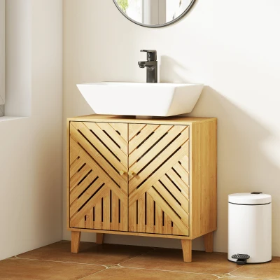 HOMCOM Móvel para Lavatório Pousar em Bambu com Portas Ripadas Armário de Casa de Banho para Lavatório sem Pedestal 60x30x60 cm Madeira