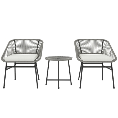 Outsunny Set de mobilier de exterior cu 3 piese, 1 masă, 2 scaune, Împletitură de ratan, Cadru din oțel, Masă de cafea cu blat de sticlă, Gri închis