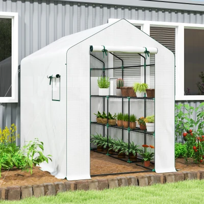 Outsunny Sera de grădină 3 m² cu rafturi 3 niveluri, PE renforcée 135 g/m² anti-UV, ușă rulabilă și ferestre din plasă