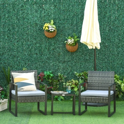 Set de mobilier de grădină Outsunny din ratan pentru 2 persoane, Set de mobilier de balcon din poliratan, Set de mobilier de balcon cu pernuțe, Grădină Gri