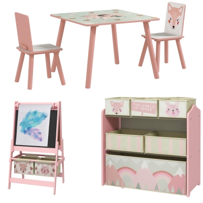Table et 2 Chaises Enfant + Chevalet Double + Rangement 6 Bacs Rose