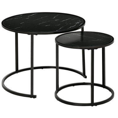 HOMCOM Lot de 2 Mese Laterale Rotunde gigogne incastrabile blat de lemn aspect marmura si Picioare din metal Negru