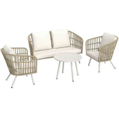 Outsunny Set mobilier grădină poliratan, 4 persoane, canapea 2 locuri, fotoliu, masă, perne, Kaki