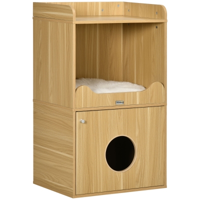 PawHut Casa de toaletă pentru pisici mobilier litieră pisică 3 nivele compartiment închis cu o ușă 1 pernă 60 x 45 x 103 cm