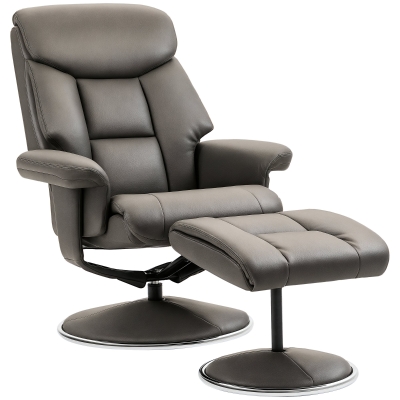 HOMCOM Fotoliu de Relaxare cu Taburet, Spătar Reglabil, Piele ecologică, până la 150 kg, Gri