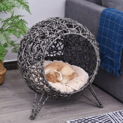 Coș pisică pat înălțat pernă pufoasă inclusă rășină imitând răchita Ø 52 x 58H cm gri