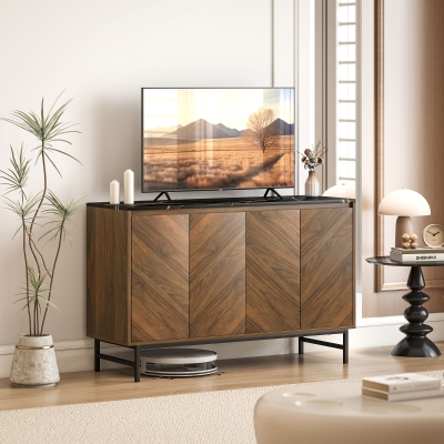 HOMCOM Mueble TV, mueble televisor con 4 puertas, tablero efecto mármol, estantes ajustables, 120x39x76 cm, nogal